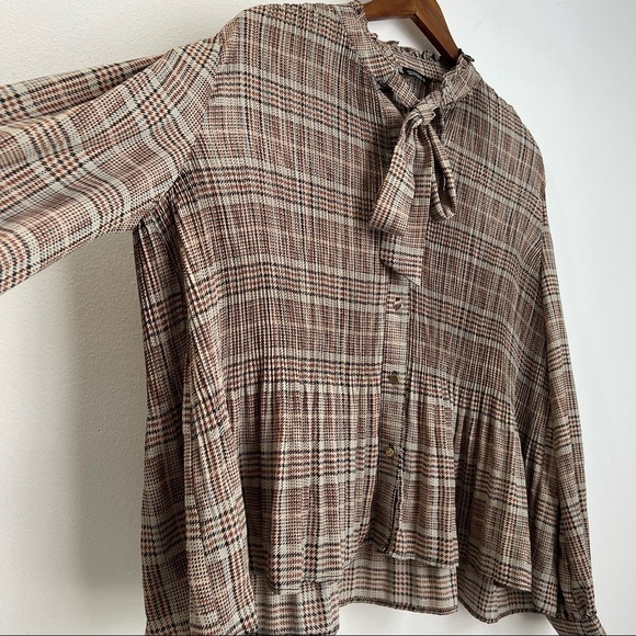 Zara Long Sleeve Plaid Houndstooth Academia Style Tie Neck Blouse - Picture 5 of 7